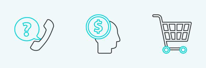 Set line Shopping cart, Telephone handset and speech bubble chat and Business man planning mind icon. Vector