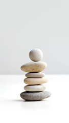 Fototapeta na wymiar Harmony in Zen stone. Balanced stack of rocks symbolizes serenity and mental clarity. Neutral color, gray and white background, exudes simplicity and peacefulness. Stories, social media copy space