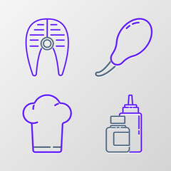 Set line Sauce bottle, Chef hat, Chicken leg and Fish steak icon. Vector