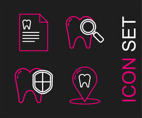 Set line Dental clinic location, protection, search and Clipboard with dental card icon. Vector