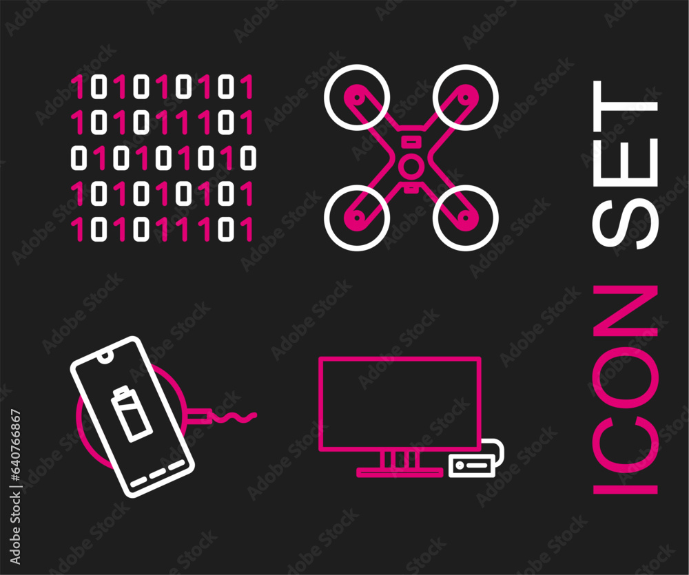 Poster set line smart tv, wireless charger, drone flying and binary code icon. vector