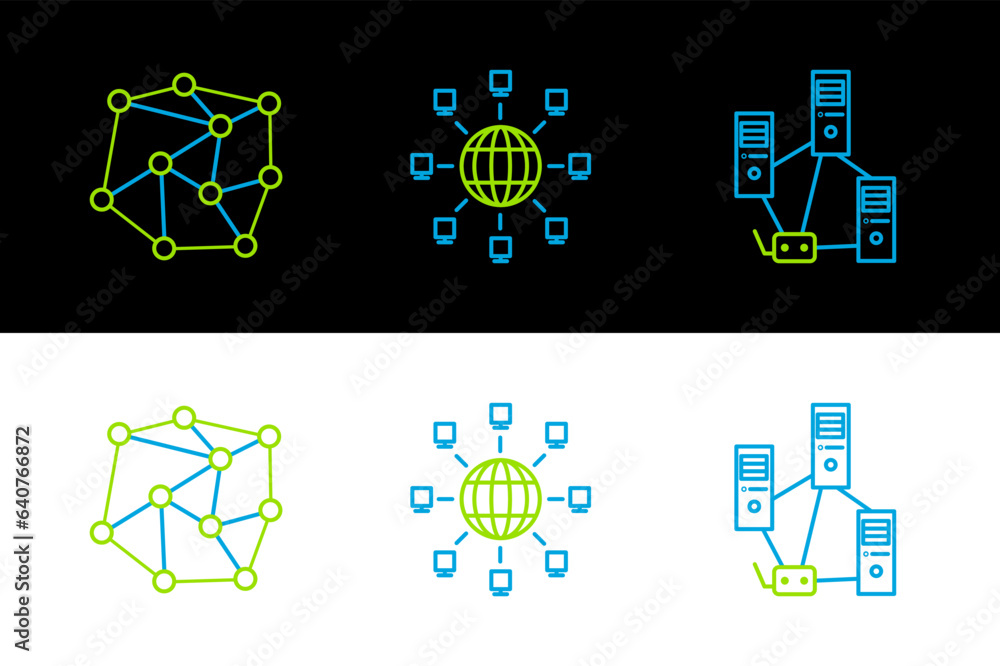 Poster set line computer network, neural and social icon. vector