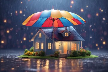 umbrella covering home under heavy rain, insurance concept - obrazy, fototapety, plakaty