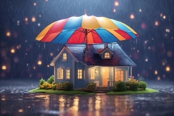 Fotobehang umbrella covering home under heavy rain, insurance concept © Anna
