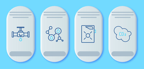 Set line Molecule oil, Canister for motor, Broken pipe with leaking water and CO2 emissions cloud icon. Vector