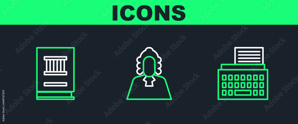 Poster set line retro typewriter, law book and judge icon. vector