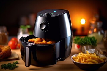 Air fryer oil free, a black air fryer or oil free fryer appliance is on the wooden table in the kitchen at home. Generative Ai