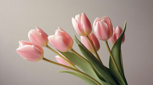 Bunch of spring tulips with red ribbon over gray background. Generative ai