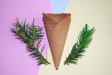 Ice cream cone and pine branch on a pastel colorful background. Minimal summer concept. Flat lay....