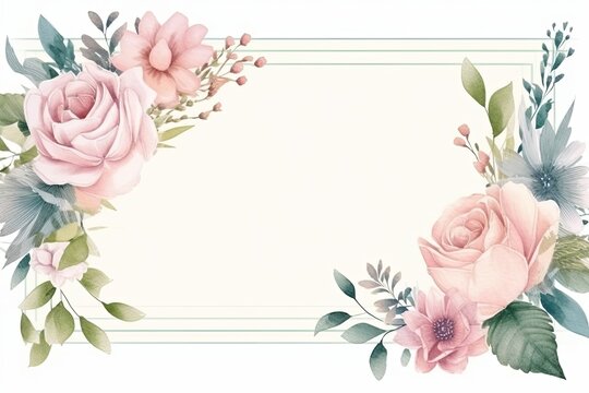 Water Color Pastel Flower and bloom, Wedding decorative perfect rectangle frame border, Generative AI