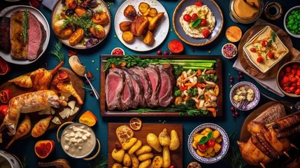 Fotobehang Middle eastern, arabic or mediterranean dinner table with grilled lamb kebab. Generative ai © MdMaruf
