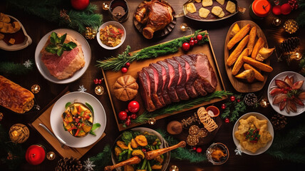 Flat lay of Delicious Christmas themed dinner table with roasted meat steak. Generative ai - obrazy, fototapety, plakaty