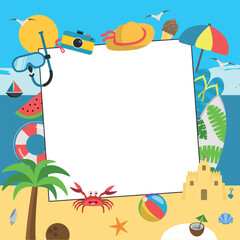 Summer Frame with Different Summer Elements and Beach Landscape - Palm Tree, Coconut, Ice Cream, Crab, Surfboard, Fruits, Shells and Others III
