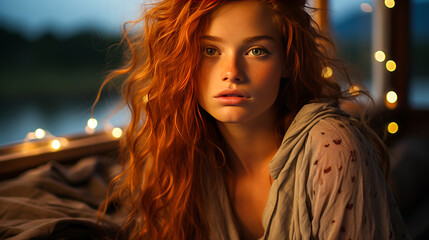 Captivating image of a thoughtful young redhead with freckles, gazing into the distance, against a serene lake reflecting twilight sky, epitome of freshness and innocence.