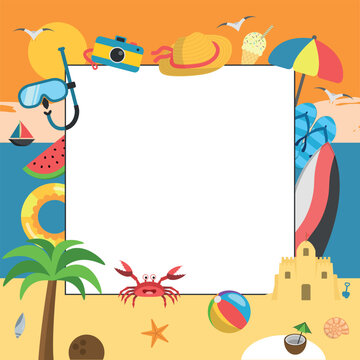 Summer Frame with Different Summer Elements and Beach Landscape - Palm Tree, Coconut, Ice Cream, Crab, Surfboard, Fruits, Shells and Others IV