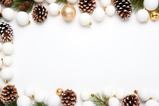 A white and gold christmas border with pine cones and ornaments. Digital image.