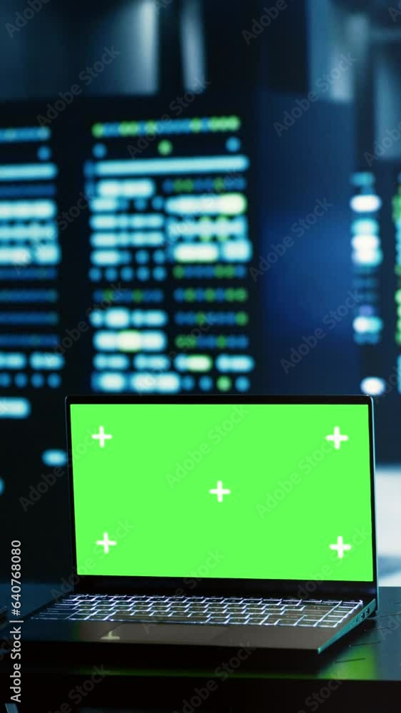 Poster vertical video engineering coworkers using mockup laptop to implement artificial intelligence parall