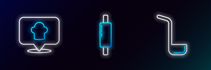Set line Kitchen ladle, Chef hat with location and Rolling pin icon. Glowing neon. Vector