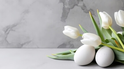Beautiful white tulips with colorful quail eggs. Generative ai