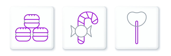 Set line Lollipop, Macaron cookie and Christmas candy cane icon. Vector