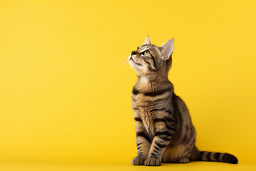 Cat looking up on yellow background