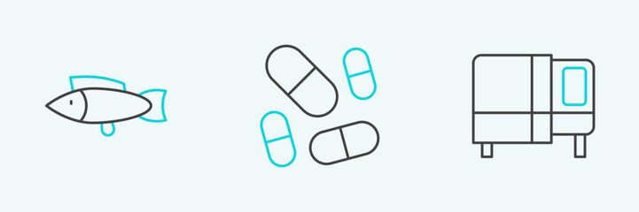 Set line Bed, Fish and Vitamin pill icon. Vector
