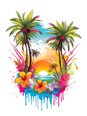 colorful summer flowers and palm trees. watercolor splash