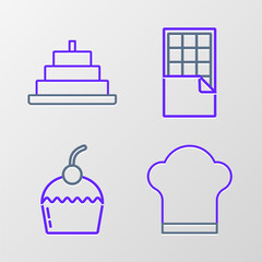 Set line Chef hat, Cake, Chocolate bar and with burning candles icon. Vector