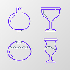 Set line Jewish goblet, sweet bakery, and Pomegranate icon. Vector
