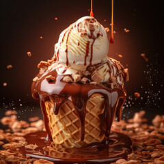 Tasty ice cream cone with lots of chocolate topping, close up.generative ai
 - obrazy, fototapety, plakaty