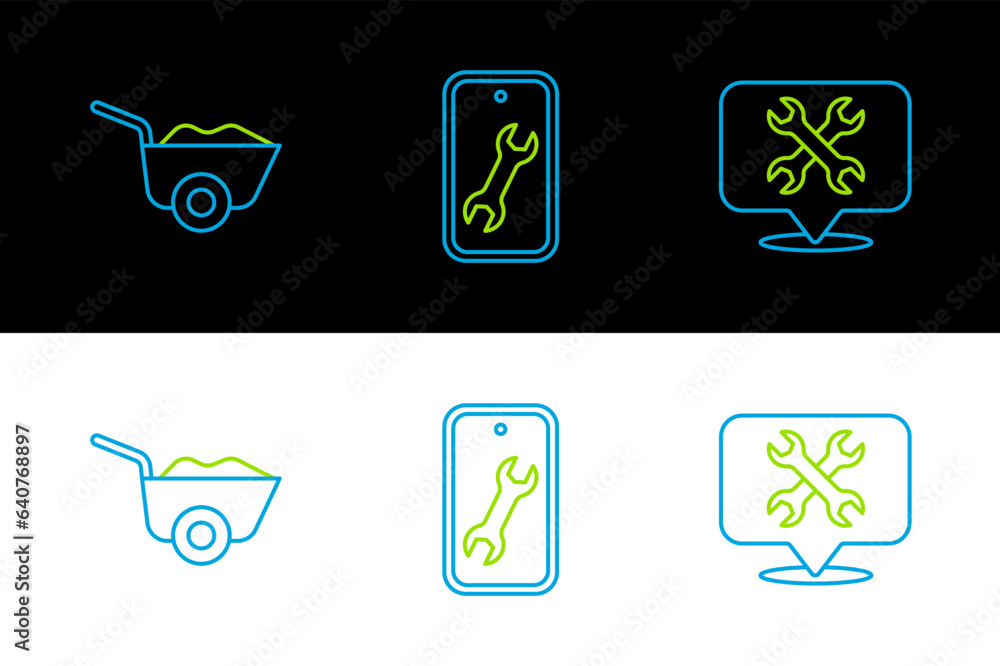 Poster set line location with wrench, wheelbarrow and mobile service icon. vector