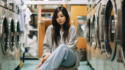 Fototapeta premium Young asian woman waiting in a laundry room