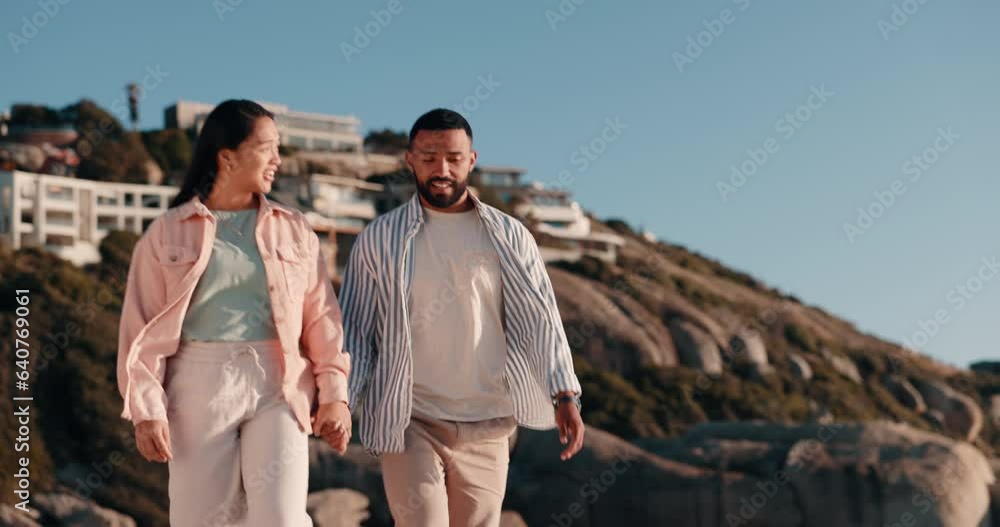 Canvas Prints Love, holding hands and travel with couple at beach for happy, summer vacation and romance. Relax, support and holiday with man and woman walking on seaside date for commitment and care together