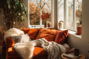 Cozy corner with plush cushions, blankets and autumn accents. AI generated