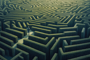 Man walking in a complex maze. Surreal concept. Generative AI