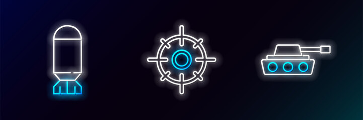 Set line Military tank, Aviation bomb and Target sport icon. Glowing neon. Vector