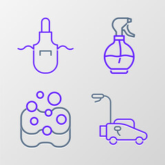 Set line Lawn mower, Sponge, Water spray bottle and Kitchen apron icon. Vector