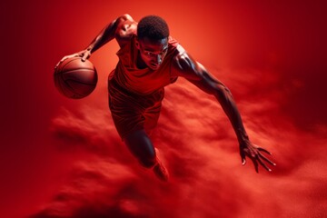 Basketball player in motion with a ball on a red background.generative ai
