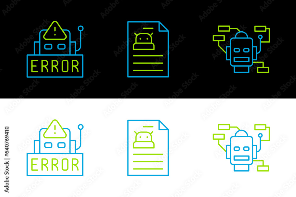 Poster set line robot, error in robot and technical specification icon. vector