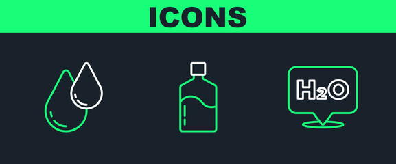Set line Chemical formula for H2O, Water drop and Big bottle with clean water icon. Vector