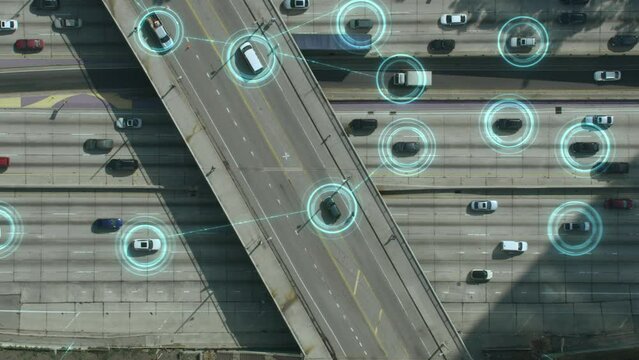 Aerial View of Traffic Autonomous System in Highway. Connected Network. Speed and Identity Control System. Future Transportation. Artificial Intelligence. Driverless Cars. 