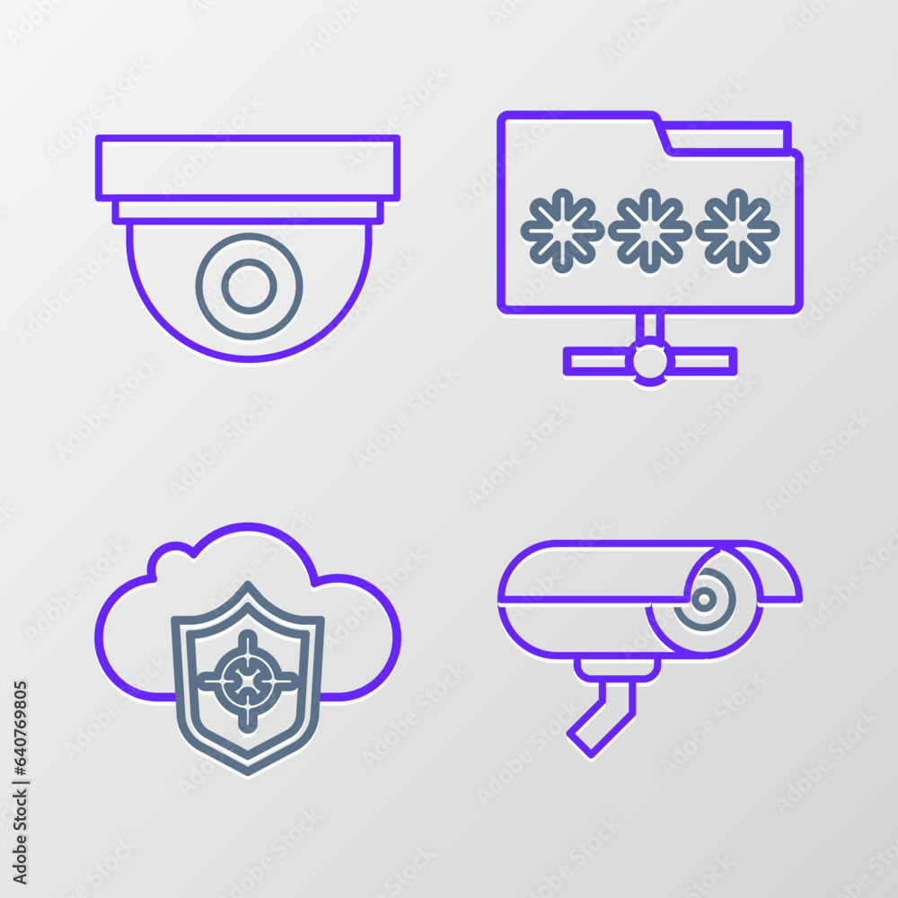 Poster set line security camera, cloud and shield, folder with password and icon. vector