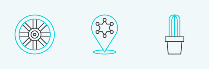 Set line Cactus peyote in pot, Old wooden wheel and Hexagram sheriff icon. Vector