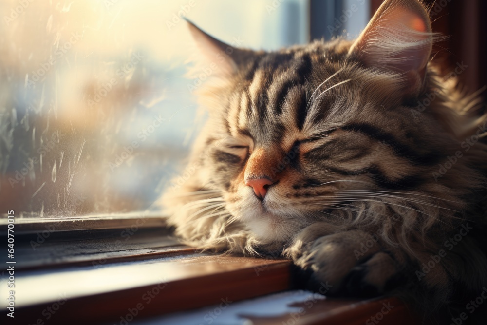 Poster A cat is sleeping on a window sill. Digital image.