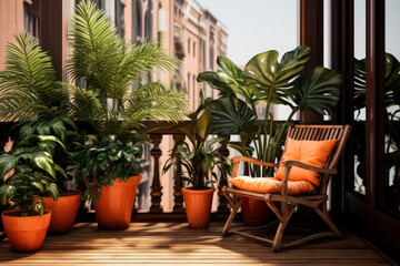 Fototapeta na wymiar Private terrace with a wood balcony and plants, large plants and chairs indoor outdoor, wicker chair and plants.