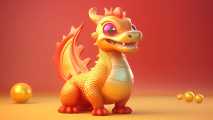 3d cute golden dragon character on blurred red background