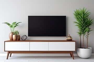 Television put on tv stand  wood table, in minimal empty space livingroom room background white wall Generative AI