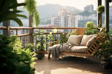 Private terrace with a wood balcony and plants,  large plants and chairs indoor outdoor, wicker chair and plants.