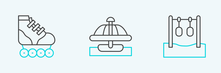 Set line Gymnastic rings, Roller skate and Attraction carousel icon. Vector