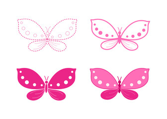Set of beautiful pink butterflies for decoration. Different styles. Cartoon flat style. Vector illustration